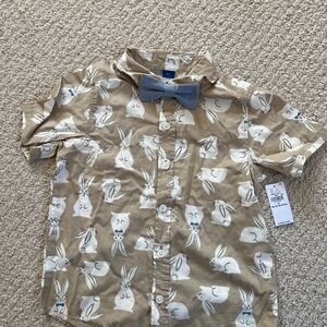 NWT - 4T - Old Navy Tan Bunny Print Button-Up Shirt with Blue Bow Tie